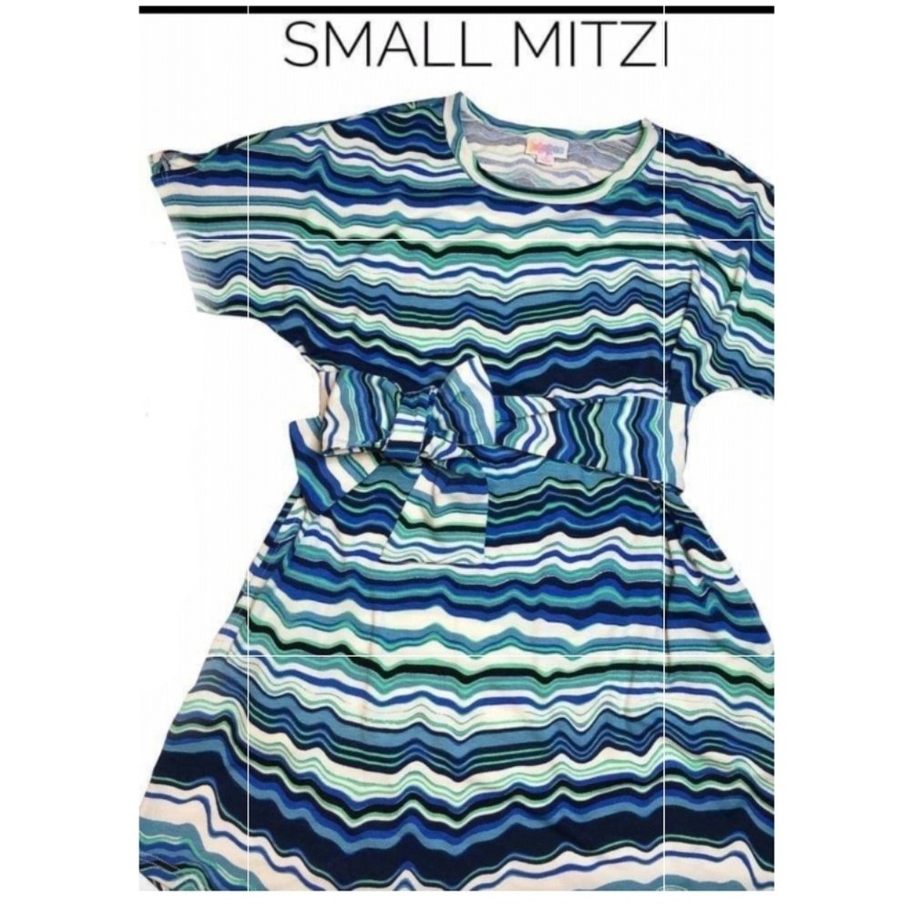 Lularoe S Mitzi Sash Top Dress Blue Green White Stripes NWT - Picture 1 of 2
